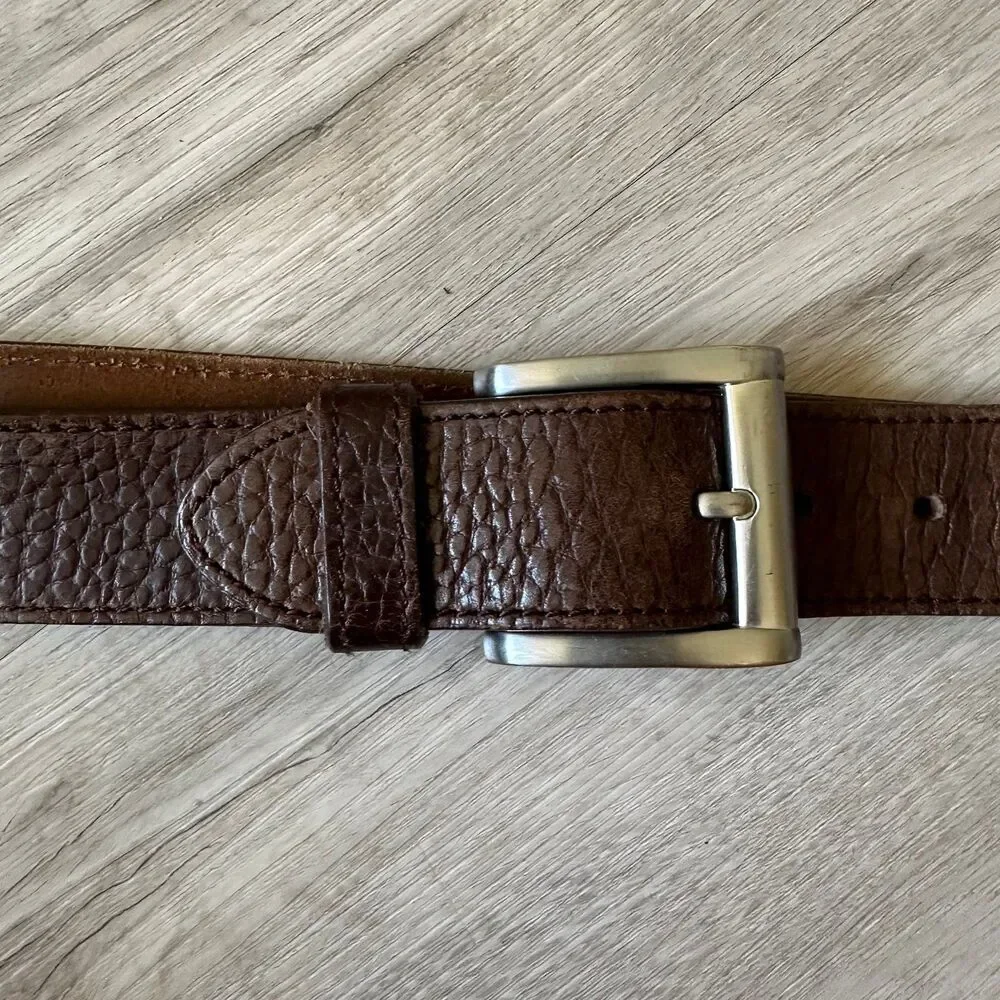 Dark Brown Men's Textured Genuine Leather Belt with Heavy Silver Buckle Size 44